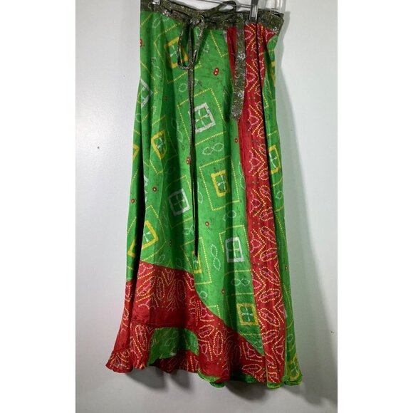 Womens Kariza Vintage Silk Magic Sari Wrap Skirt Dress Green Red Pattern One Siz - Picture 2 of 10